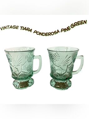 Vintage Tiara Ponderosa Pine Green Glass Footed Mugs 4.5” Indiana Glass